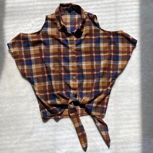 Women’s Plaid Button-Up Shirt Small – Cutout Shoulders, Hem Tie, Lightweight Top